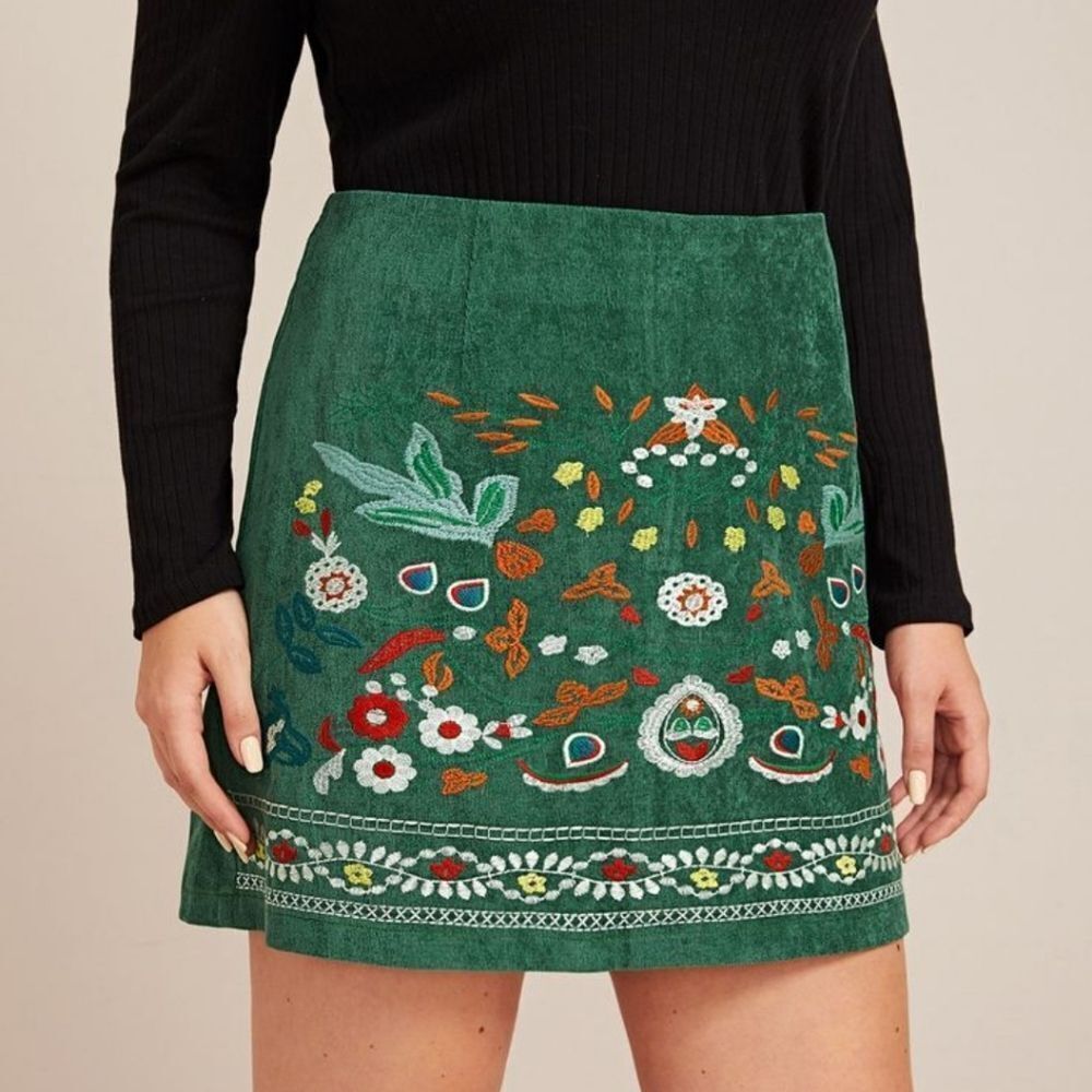 Embroidered Corduroy Green Skirt